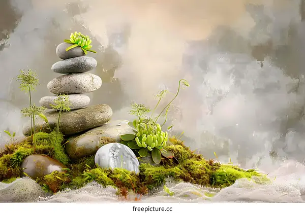 Stacked Stones with Green Plants on Mossy Surface
