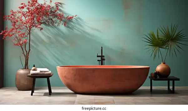 Luxury Bathroom with Freestanding Copper Bathtub and Greenery