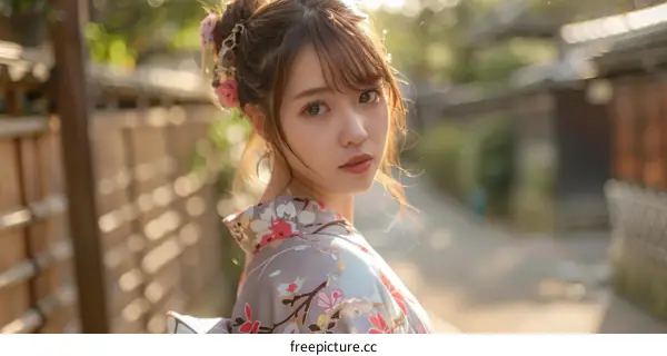 Asian Woman in Traditional Japanese Kimono