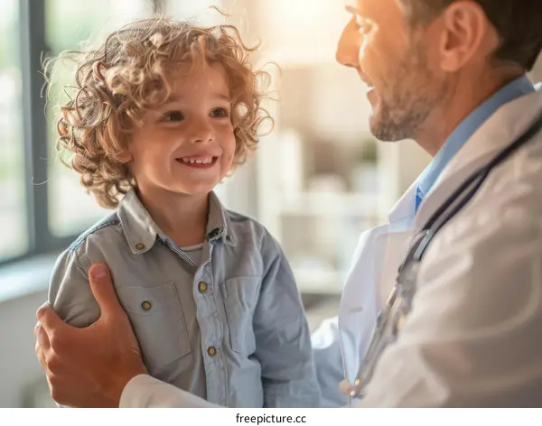 Smiling young boy with curly hair at a doctor's appointment