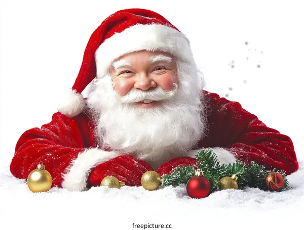 Santa Claus Lying in the Snow with Christmas Ornaments