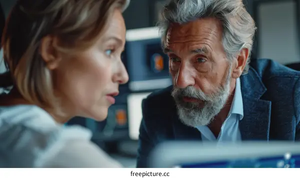 Two scientists discussing data in front of a computer screen