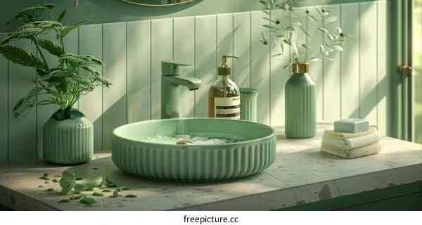 Green Vessel Sink with Plants and Soap in a Modern Bathroom