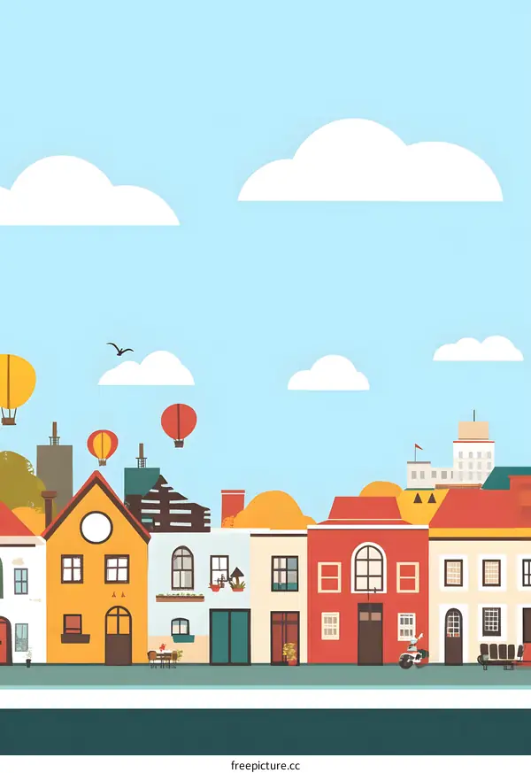 Colorful Houses with Hot Air Balloons and Clouds in the Sky