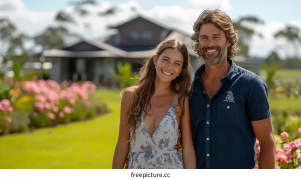 a man and a woman standing in front of a house smiling