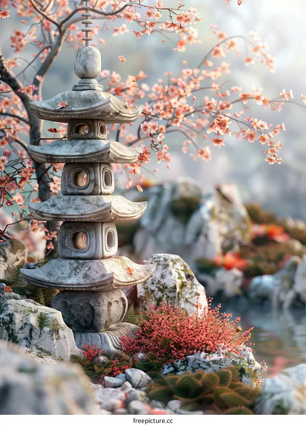 Peaceful Japanese Garden Pagoda with Cherry Blossoms