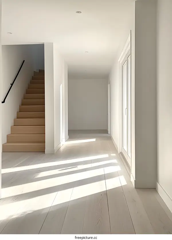 Modern White Hallway with Wooden Stairs and Sunlight Streaming Through