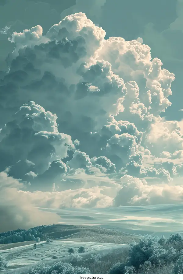 Dramatic Cumulus Clouds Over a Tranquil Green Landscape
