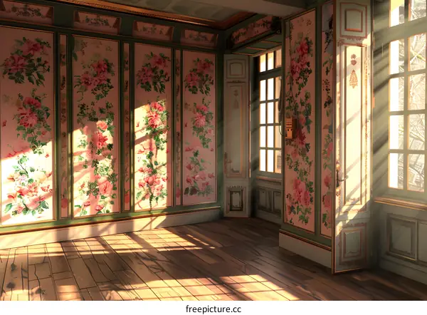 European style room with pink floral wallpaper and sunlight shining through the windows