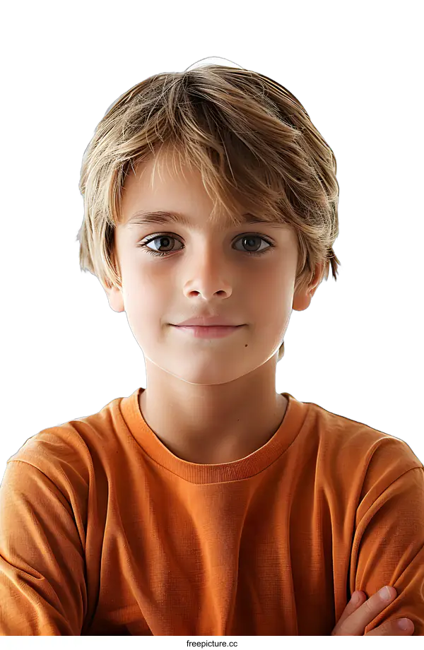 [Transparent Background PNG]Young Boy with Brown Hair and Orange Shirt