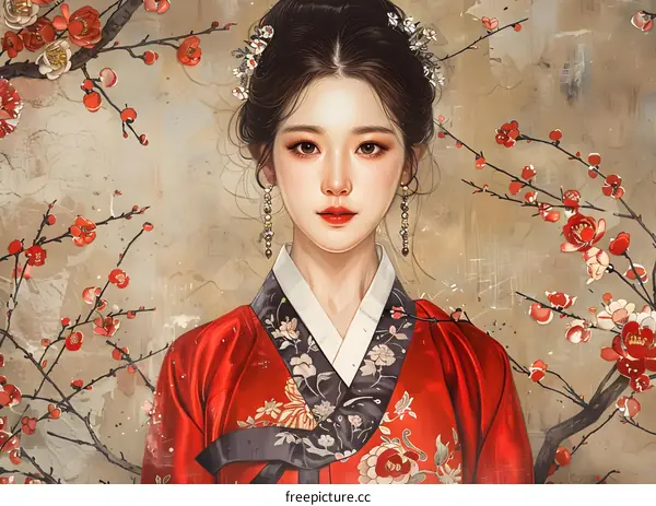 Portrait of a young woman in traditional Korean dress, or Hanbok