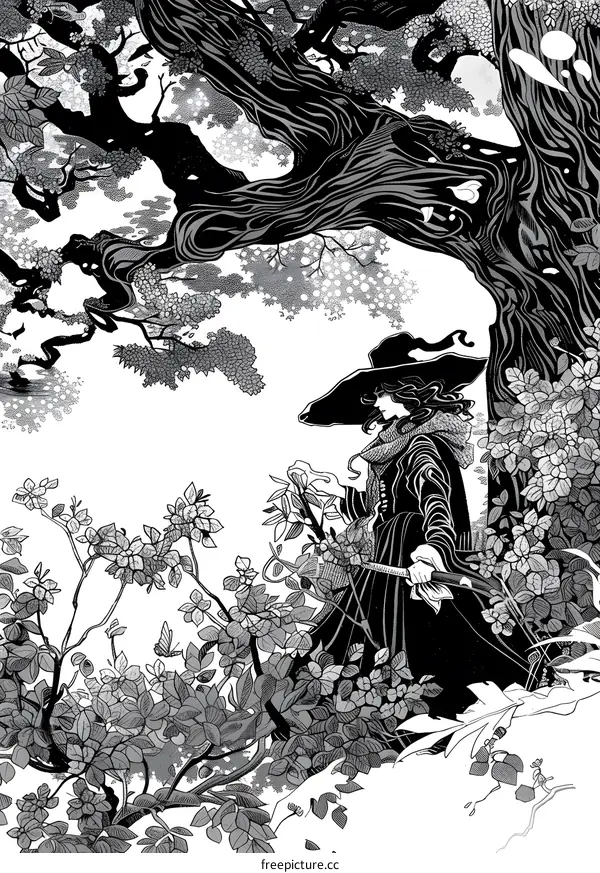 Black and White Illustration of a Woman in a Witch Hat Standing in a Forest