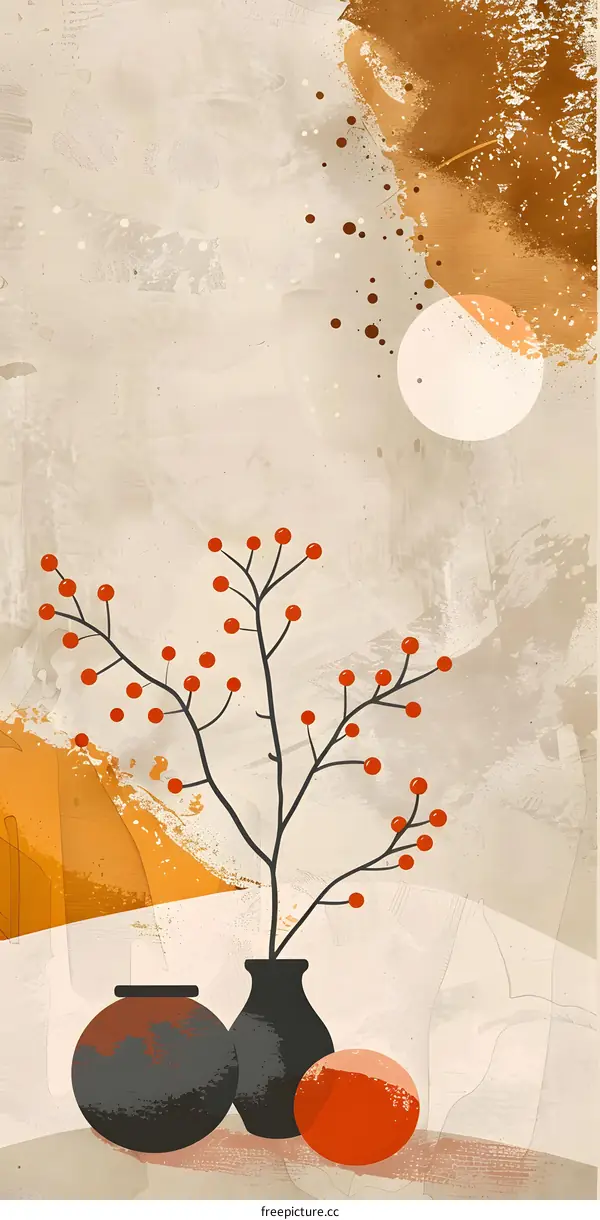 Abstract Minimalist Art with Red Berries, Pots and  Watercolor Background