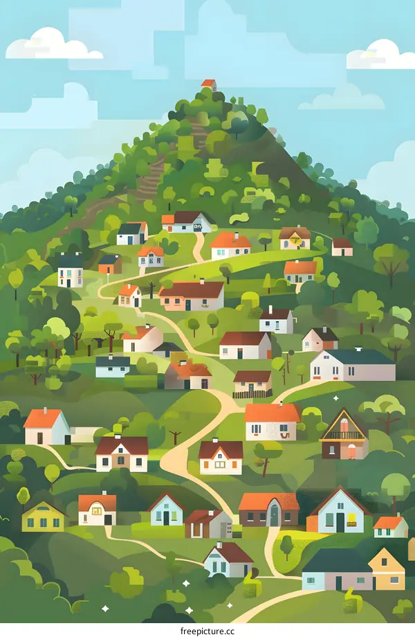 Colorful Illustration of a Small Village on a Hill