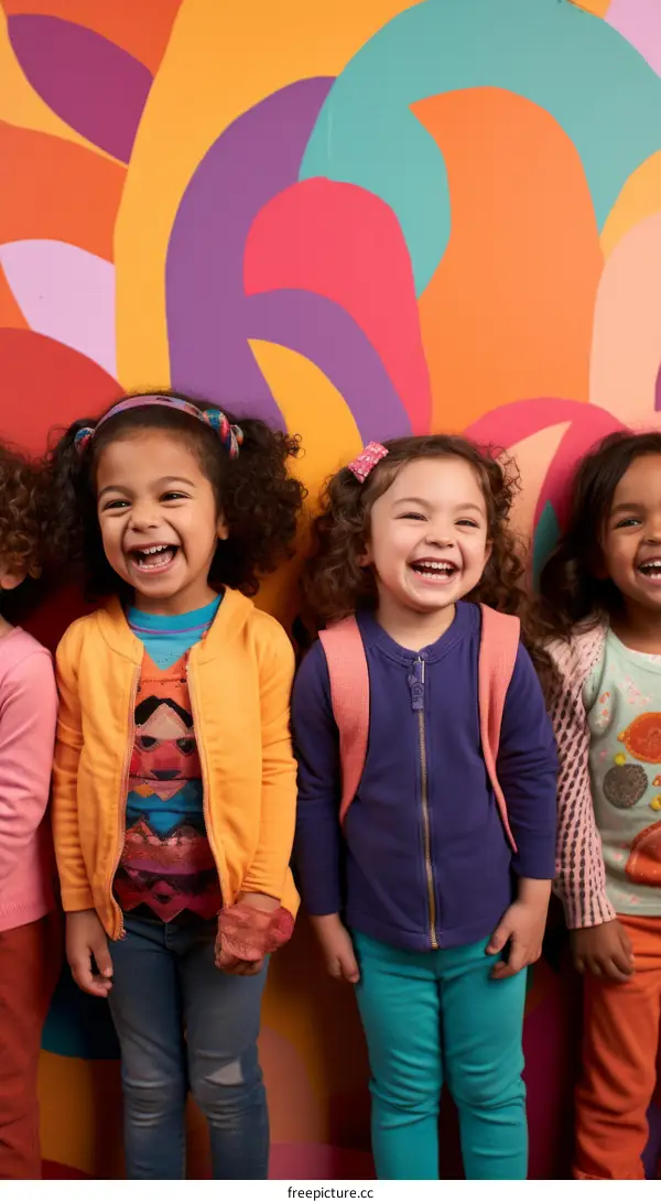 Four happy multiracial little girls standing in front of a colorful mural