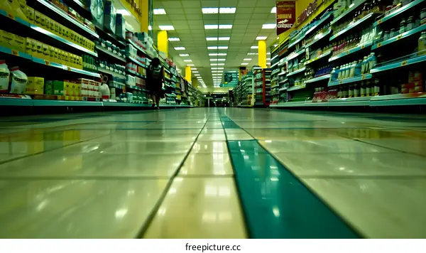 Supermarket Aisle with a Person Walking Down the Middle