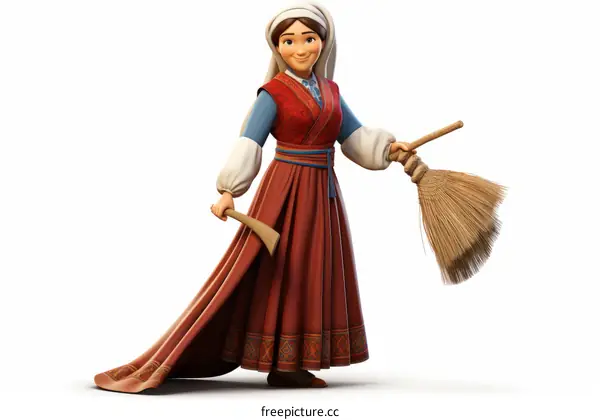 A Woman in Red Dress with Broom & Dustpan