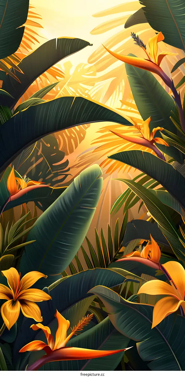 Tropical Jungle Illustration With Green Leaves and Yellow Flowers