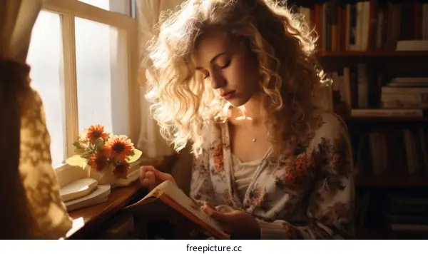 Young woman reading a book by the window