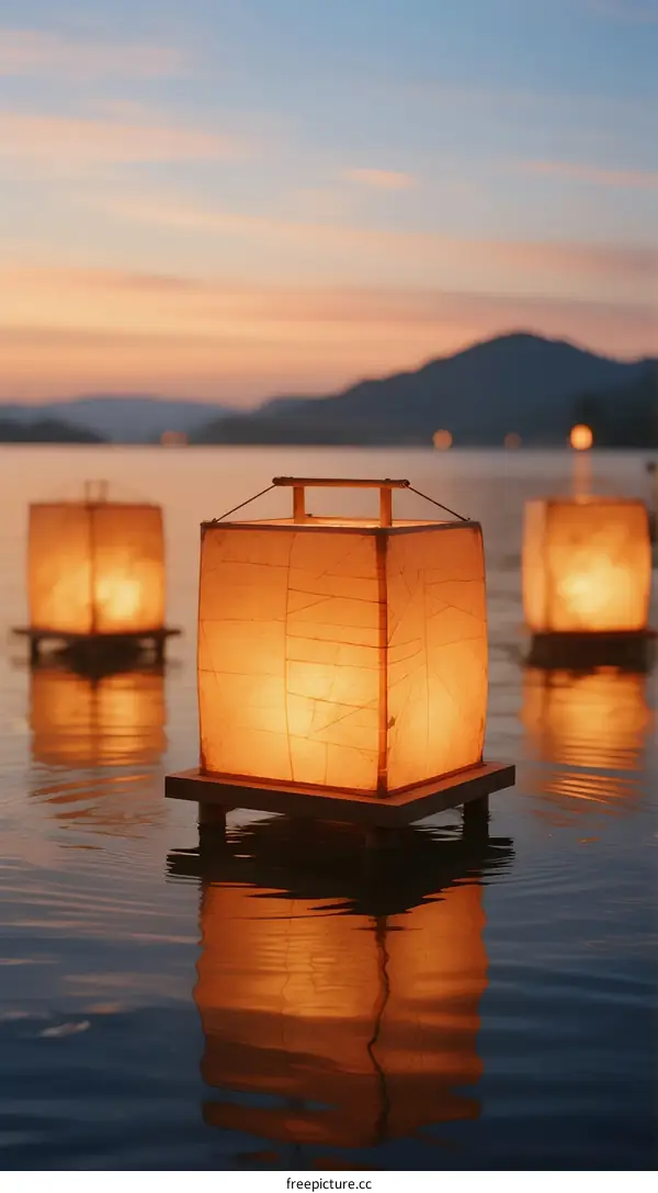 Floating Paper Lanterns Glowing Over Calm Water at Sunset