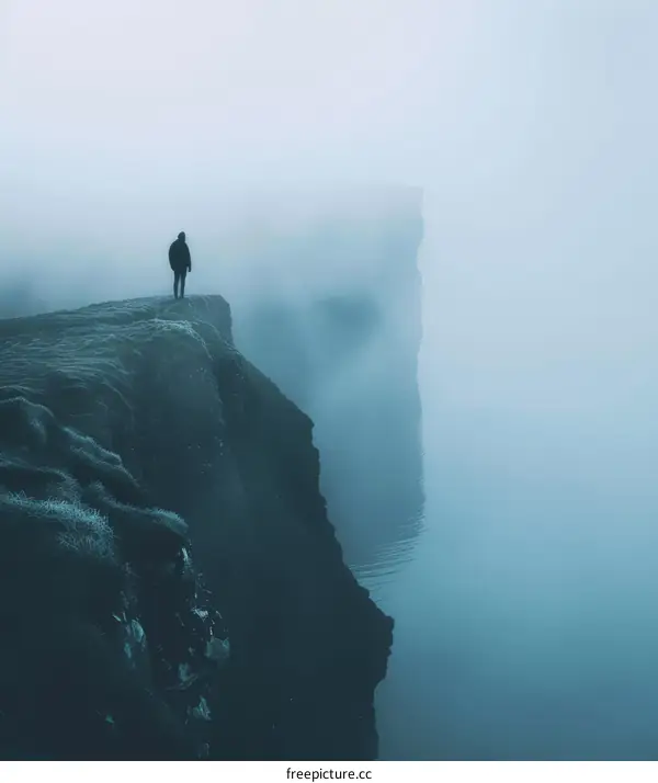 Man standing alone on a cliff overlooking a foggy sea