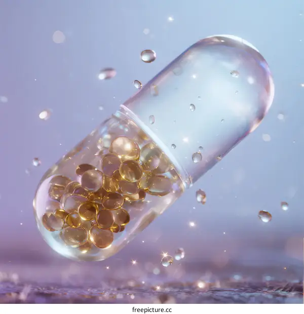 Transparent Gelatin Capsule with Golden Pills and Water Droplets