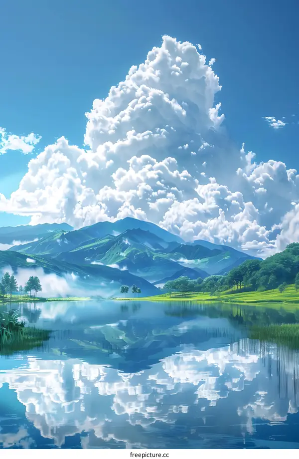 Mountains and lake under blue sky and white clouds