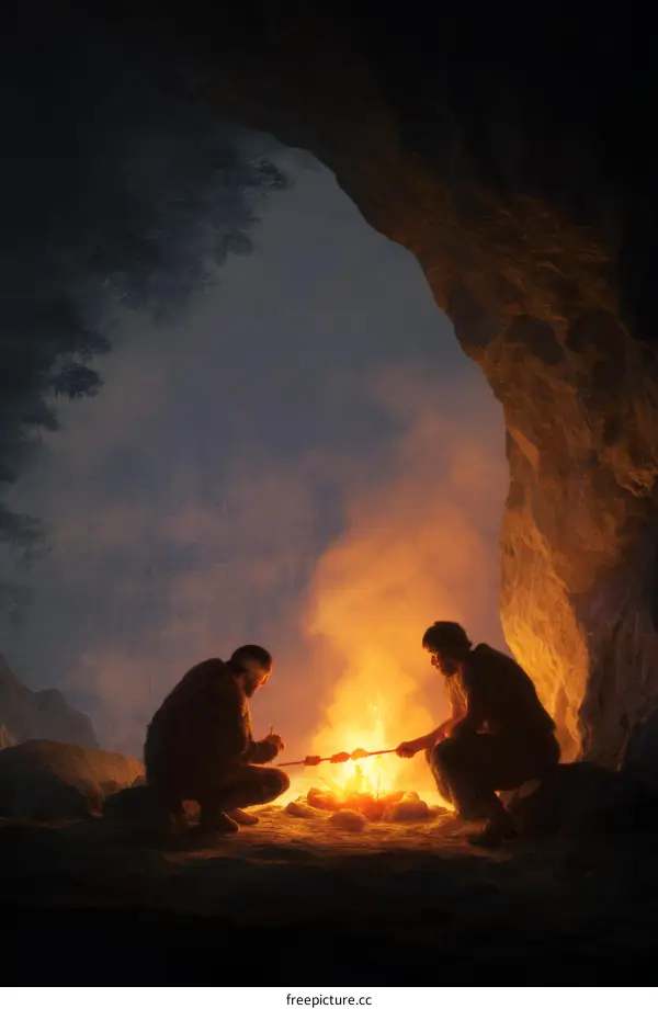 Two Prehistoric Humans Roasting Food by a Campfire