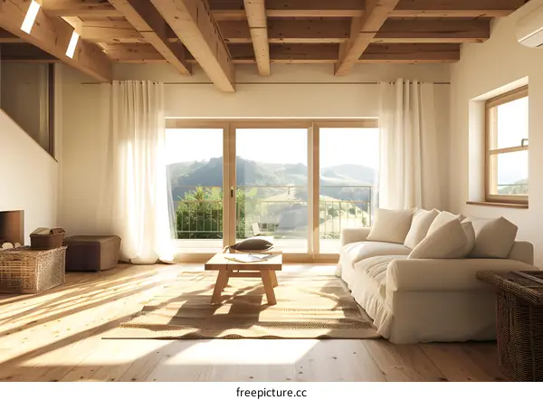 Modern Living Room With Wooden Beams And View Of The Mountains