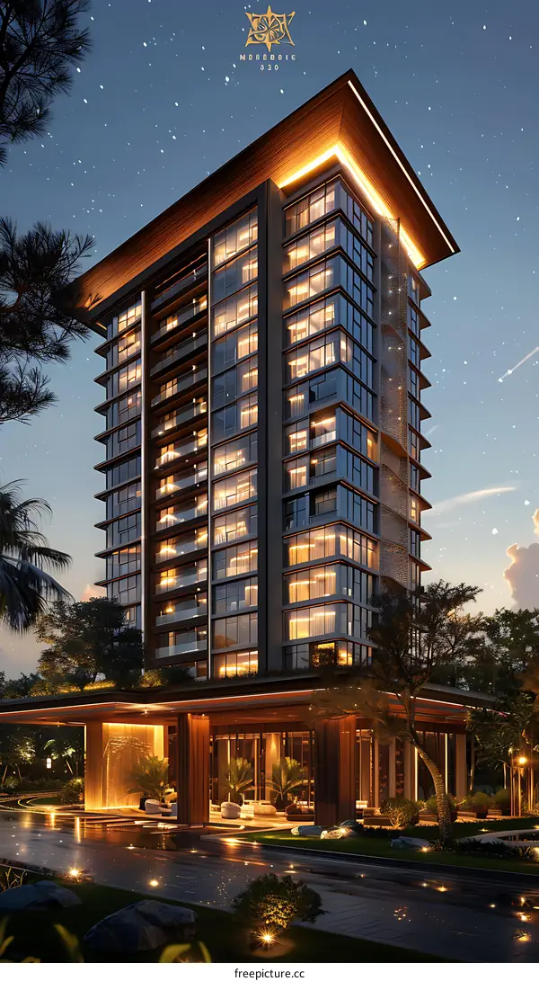 The night view of a modern office building with a geometric facade