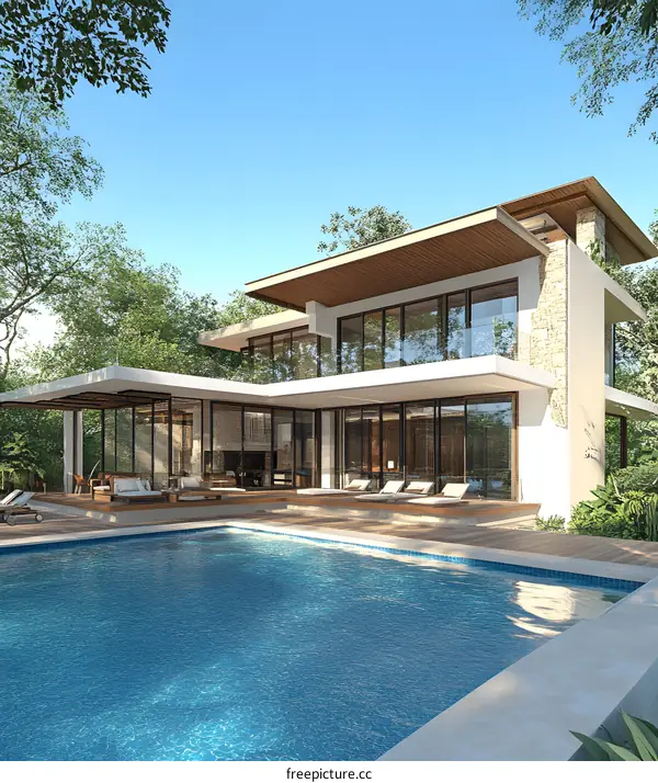 Modern Luxury Villa with Swimming Pool and Lush Greenery