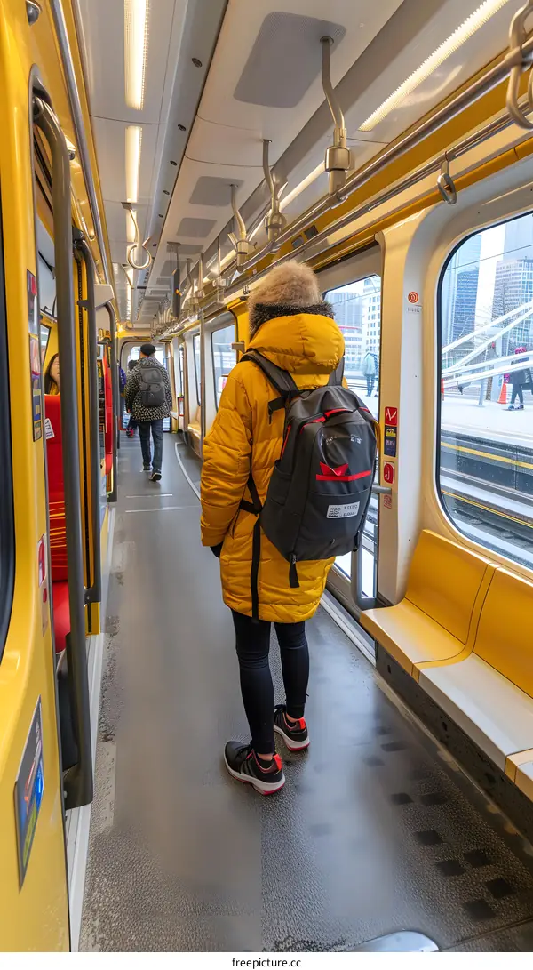 Woman Standing on a Train with Yellow Seats and Windows