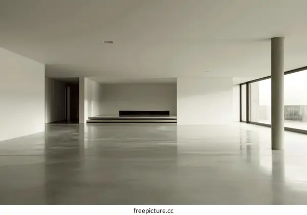Modern Minimalist Interior Design of Empty Living Room with Concrete Floor and Large Windows