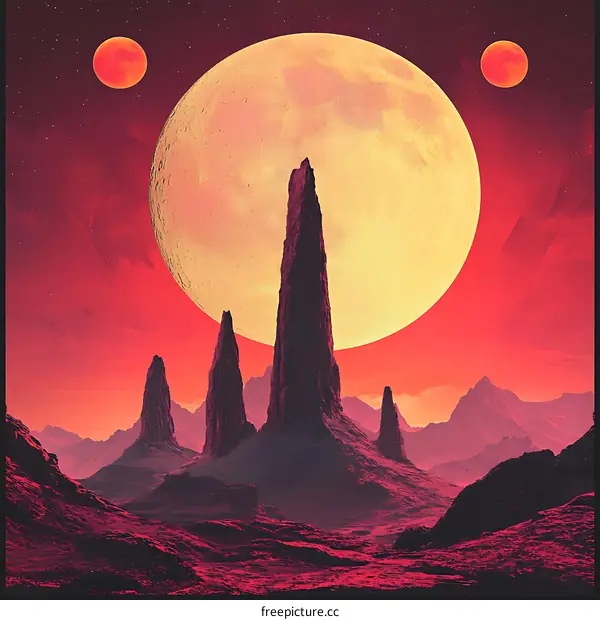 Red Sky Alien Landscape With Tall Mountains and Two Moons