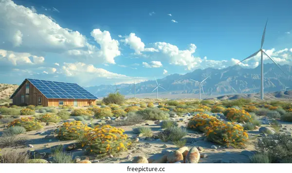 Solar Powered Home in the Desert Landscape with Wind Turbines