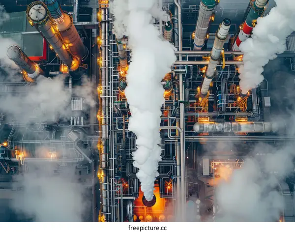 An aerial view of an oil refinery at night