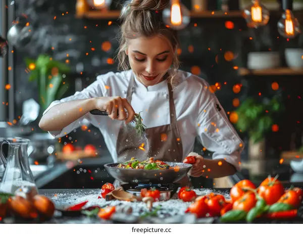 Young woman sprinkling spices on food in a pan while cooking in a commercial kitchen.