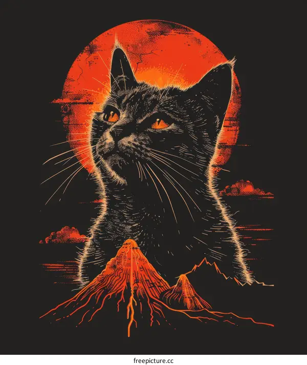 A black cat looking at a red moon with a volcano in the foreground