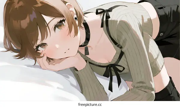 A Young Woman Lying on Bed with Casual Clothing and Relaxed Expression