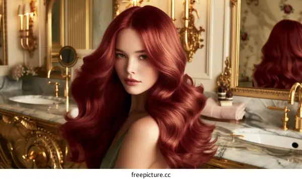 redhead woman in green dress standing in bathroom