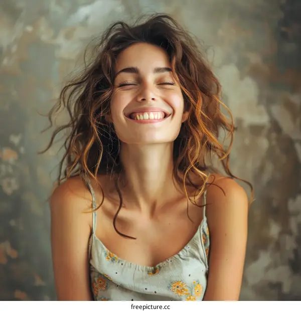 Beautiful Young Woman with Curly Hair Smiling