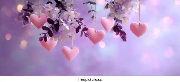Pink Hearts Hanging Among Purple Flowers