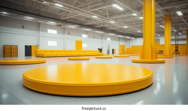 An empty warehouse with yellow circular platforms