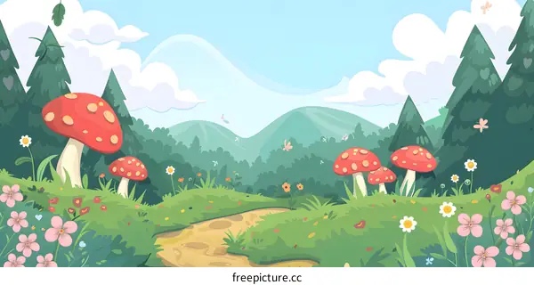 Forest Path with Red Mushrooms and Flowers
