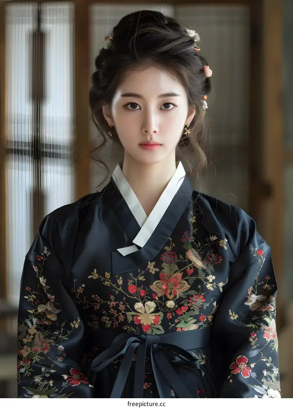 Korean Woman Wearing Traditional Hanbok Dress