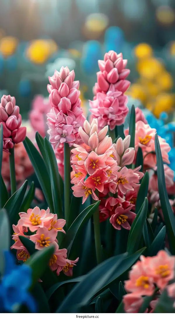 Close-up of pink hyacinth flowers in a field