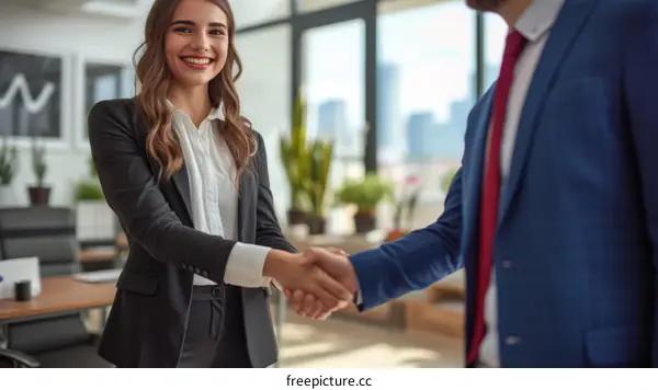 Business handshake between a man and a woman in suits