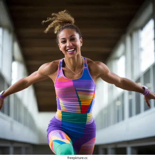 A young female athlete with curly hair is smiling and jumping in a colorful sportswear.