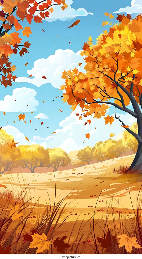 Autumn Landscape With Falling Leaves