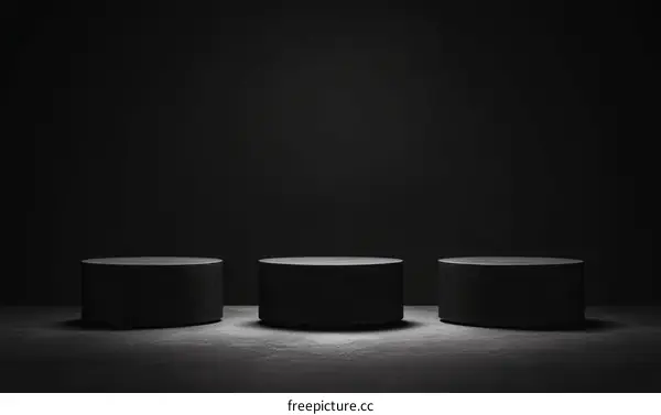 Three Dark Cylindrical Platforms on a Gray Floor